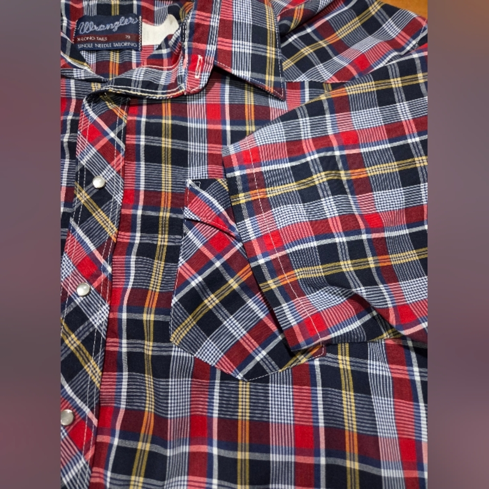Wrangler Western Plaid Snap Button Shirt Men's XL X-Long Tails Red Blue‎ Yellow - Picture 6 of 12
